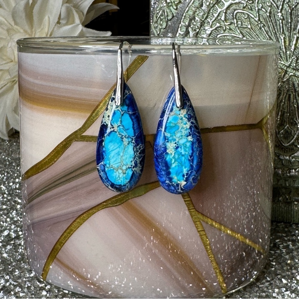 Silver & Blue Natural Imperial Stone Water Drop Tear Drop Earrings Nwt - Picture 1 of 9